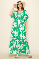 Green Floral Double V-Neck Front Slit Maternity Maxi Dress