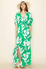 Green Floral Double V-Neck Front Slit Maxi Dress