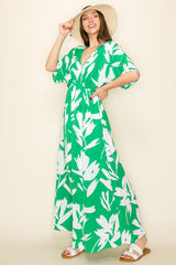 Green Floral Double V-Neck Front Slit Maxi Dress