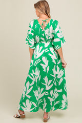 Green Floral Double V-Neck Front Slit Maternity Maxi Dress