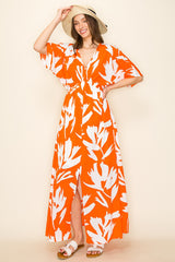 Orange Floral Double V-Neck Front Slit Maxi Dress