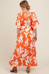 Orange Floral Double V-Neck Front Slit Maternity Maxi Dress