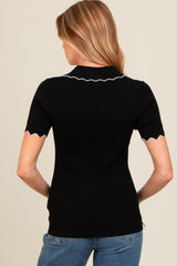 Black Ribbed Scallop Trim Split V-Neck Short Sleeve Maternity Top