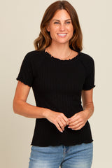 Black Ruffle Trim Ribbed Maternity Top