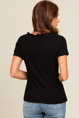 Black Ruffle Trim Ribbed Top