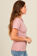 Mauve Ruffle Trim Ribbed Top