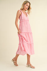 Pink Textured Tie Strap Tiered Midi Dress