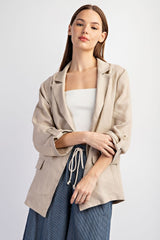 Beige Linen Rolled Cuff Maternity Blazer