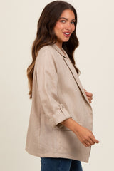 Beige Linen Rolled Cuff Maternity Blazer