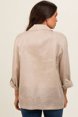 Beige Linen Rolled Cuff Maternity Blazer