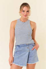 Navy Blue Striped High Neckline Maternity Tank