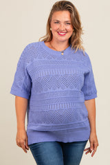 Periwinkle Crochet Knit Short Sleeve Sweater Maternity Plus Top