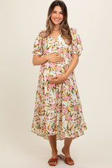 Cream Floral V-Neck Tiered Maternity Midi Dress