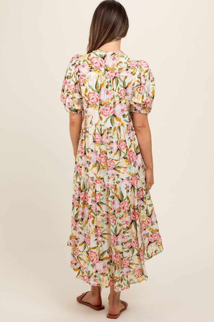 Cream Floral V-Neck Tiered Maternity Midi Dress