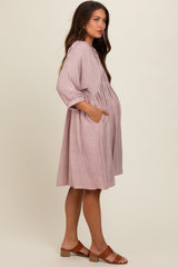 Mauve Printed Front Tie Maternity 3/4 Sleeve Dress