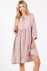 Mauve Printed Front Tie 3/4 Sleeve Dress