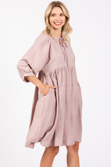 Mauve Printed Front Tie 3/4 Sleeve Dress