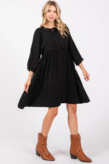 Black Printed Front Tie 3/4 Sleeve Dress