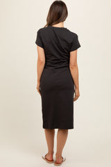 Black Tie Front Round Neck Knit Maternity Midi Dress