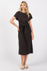 Black Tie Front Round Neck Knit Maternity Midi Dress