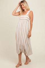 Beige Striped Wide Strap Midi Dress