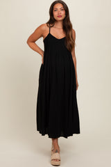 Black Striped V-Neck Sleeveless Side Pocket Maternity Dress