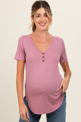 Mauve Ribbed Short Sleeve Button Detail Maternity Top