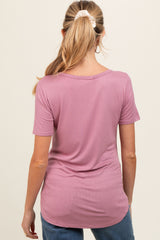 Mauve Ribbed Short Sleeve Button Detail Maternity Top