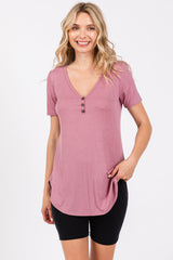 Mauve Ribbed Short Sleeve Button Detail Maternity Top