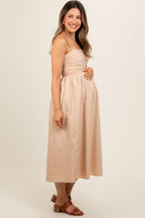 Beige Ruched Maternity Midi Dress