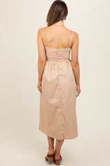 Beige Ruched Maternity Midi Dress