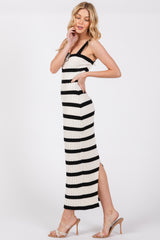 Black Striped Ribbed Knit Rosette Midi Dress