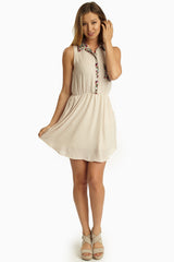 Beige Floral Accent Button Up Chiffon Dress