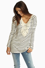 Black Striped Crochet Neckline Top