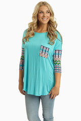 Aqua Neon Multi-Color Printed Sleeve Top