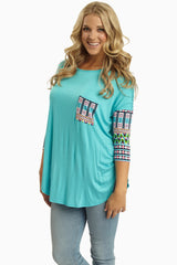 Aqua Neon Multi-Color Printed Sleeve Top