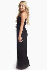 Black Pleated Chiffon Strapless Maxi Dress