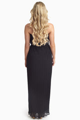 Black Pleated Chiffon Strapless Maxi Dress