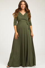 PinkBlush Olive Green Draped 3/4 Sleeve Maternity Maxi Dress