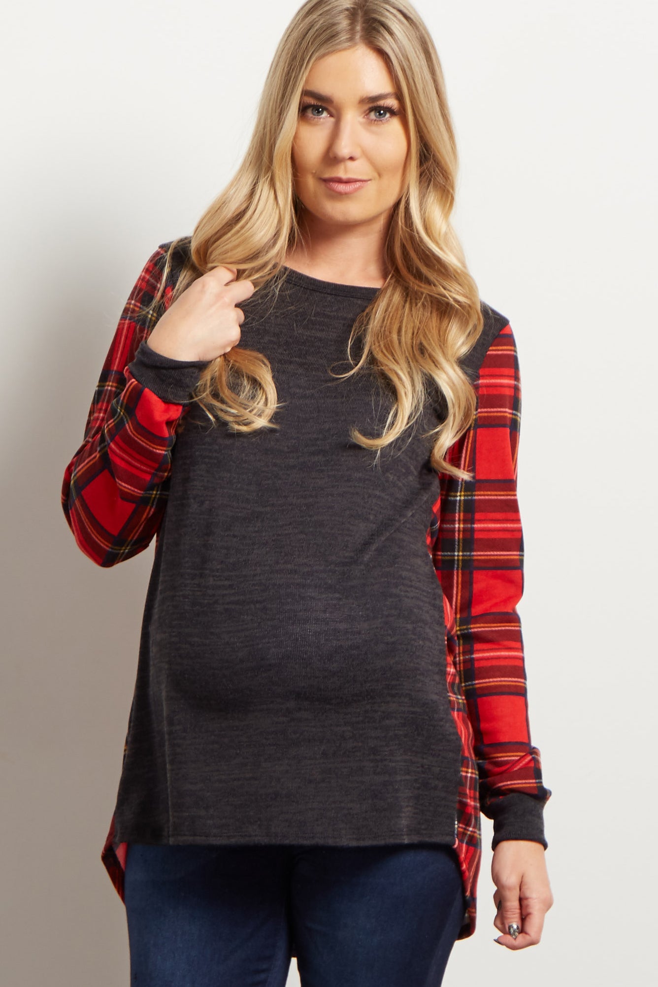 Charcoal Plaid Accent Maternity Top