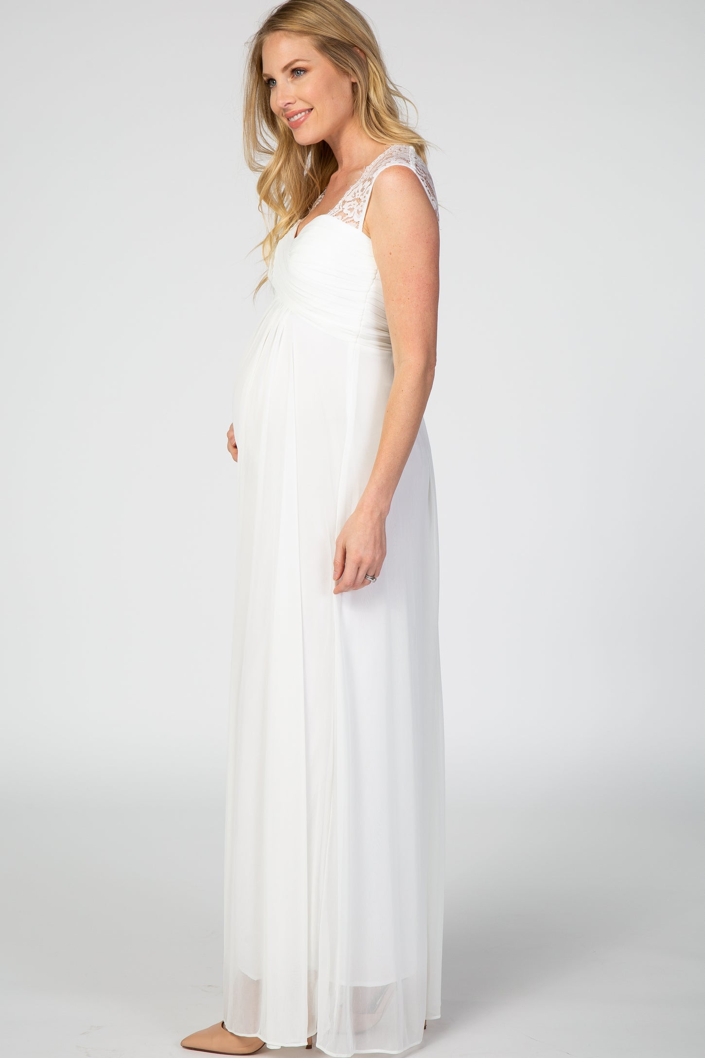 Ivory Lace Accent Chiffon Maternity Evening Gown
