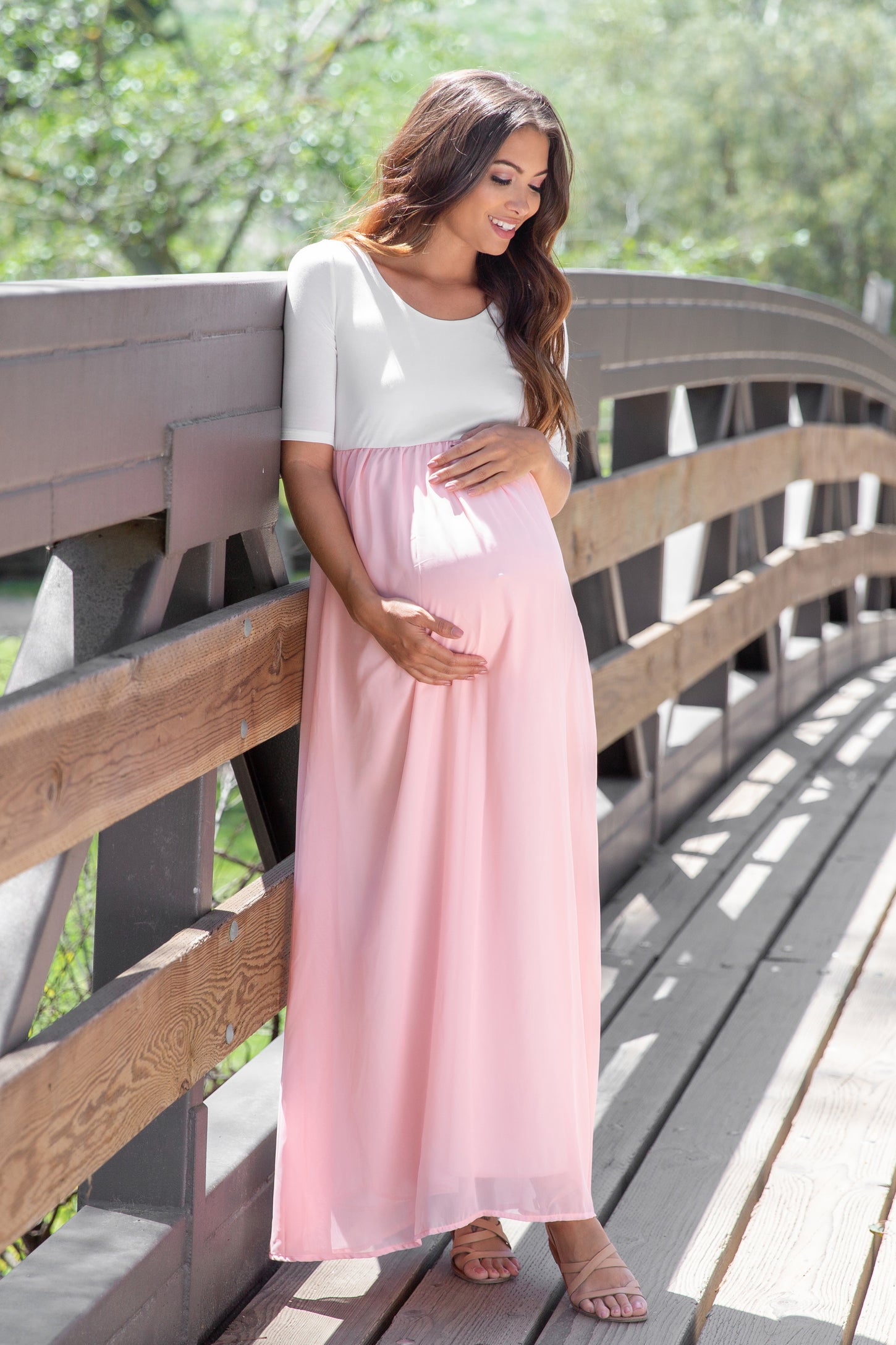 PinkBlush Petite Light Pink Chiffon Colorblock Maternity Maxi Dress