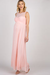 Light Pink Mesh Neckline Ruched Bust Maternity Evening Gown