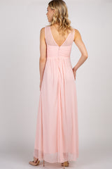 Light Pink Mesh Neckline Ruched Bust Maternity Evening Gown