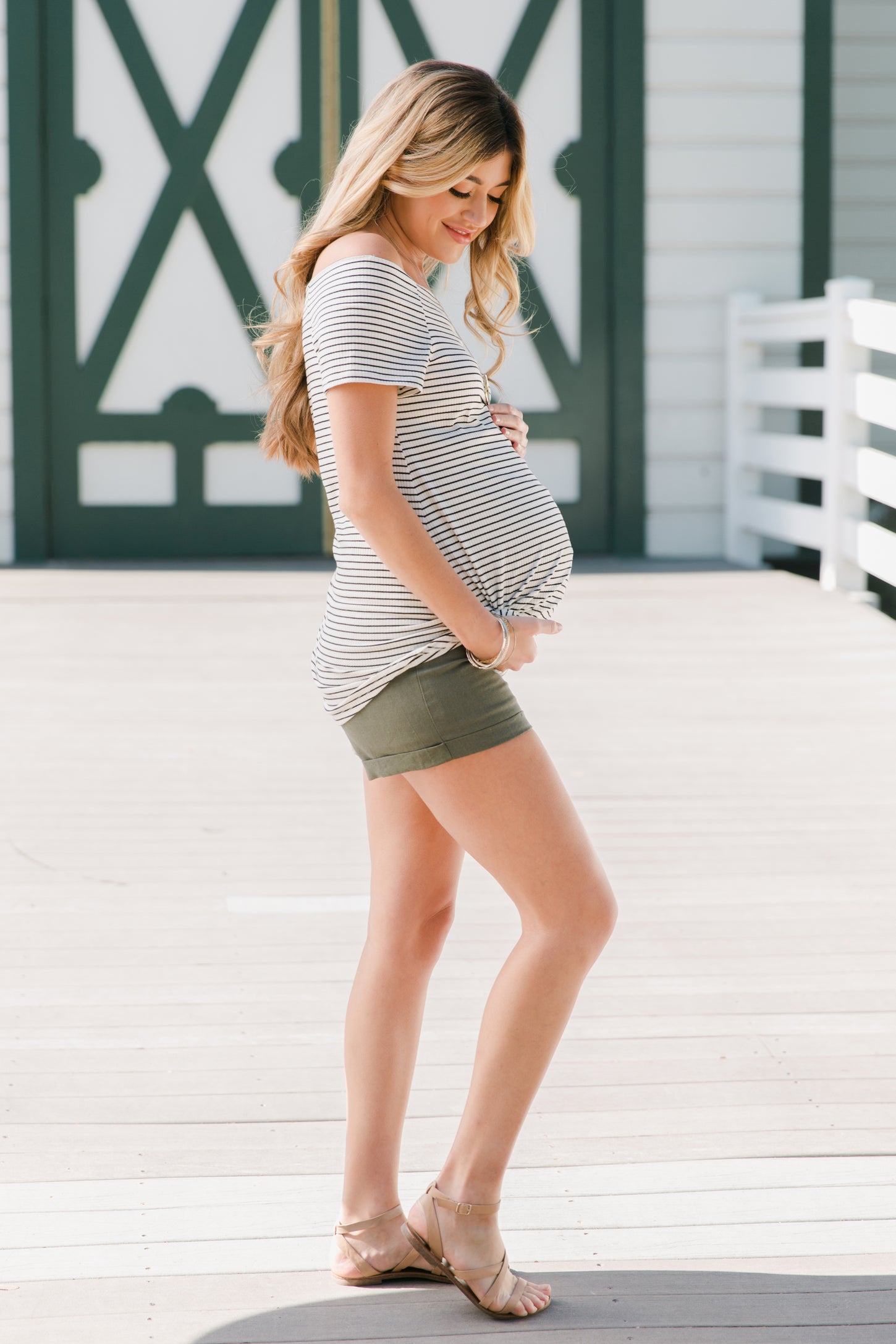 Olive Linen Foldover Waistband Maternity Shorts