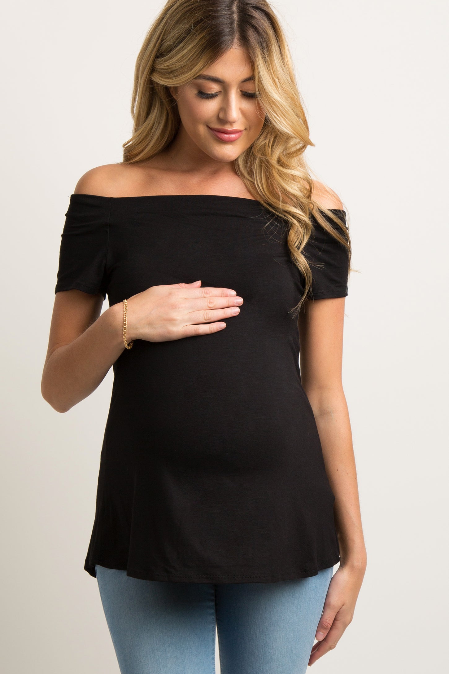 Black Off Shoulder Short Sleeve Maternity Top