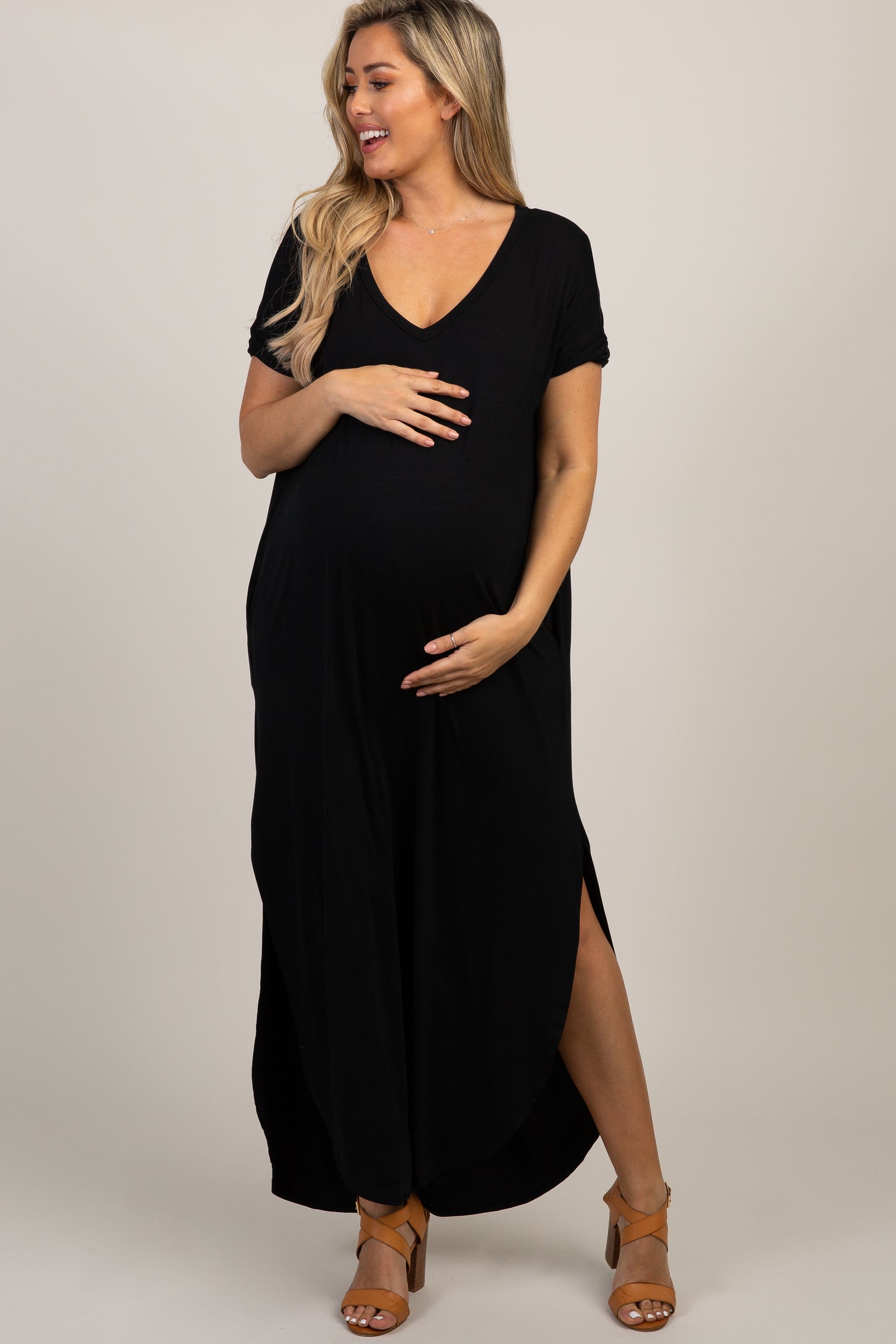 PinkBlush Black Solid Short Sleeve Maternity Maxi Dress