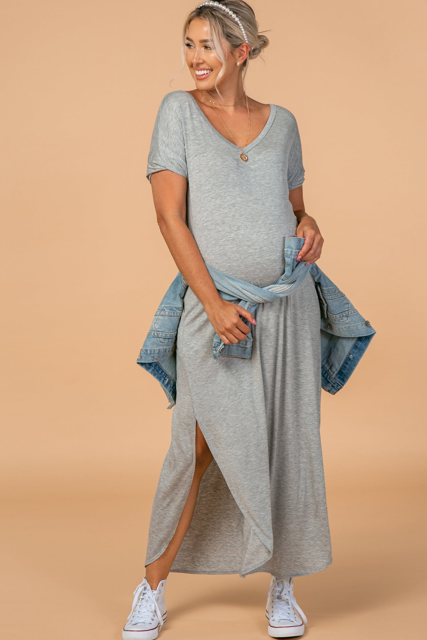 Grey Solid Short Sleeve Maternity Maxi Dress
