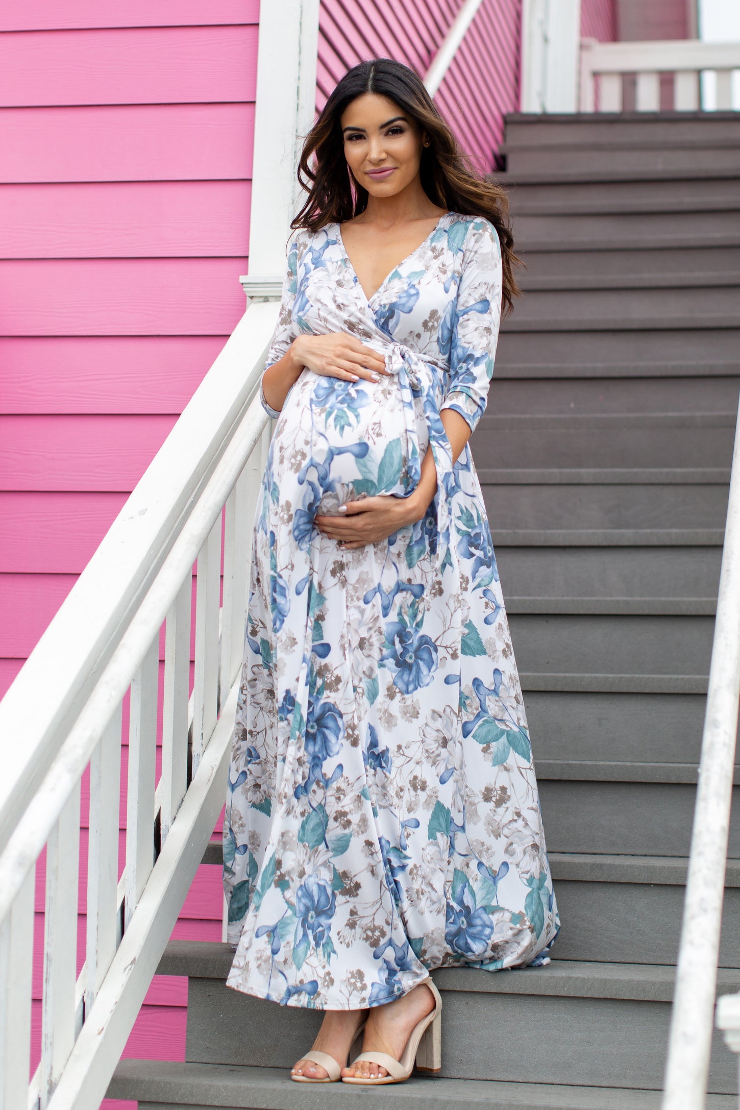 PinkBlush Ivory Floral Sash Tie Maternity/Nursing Maxi Dress