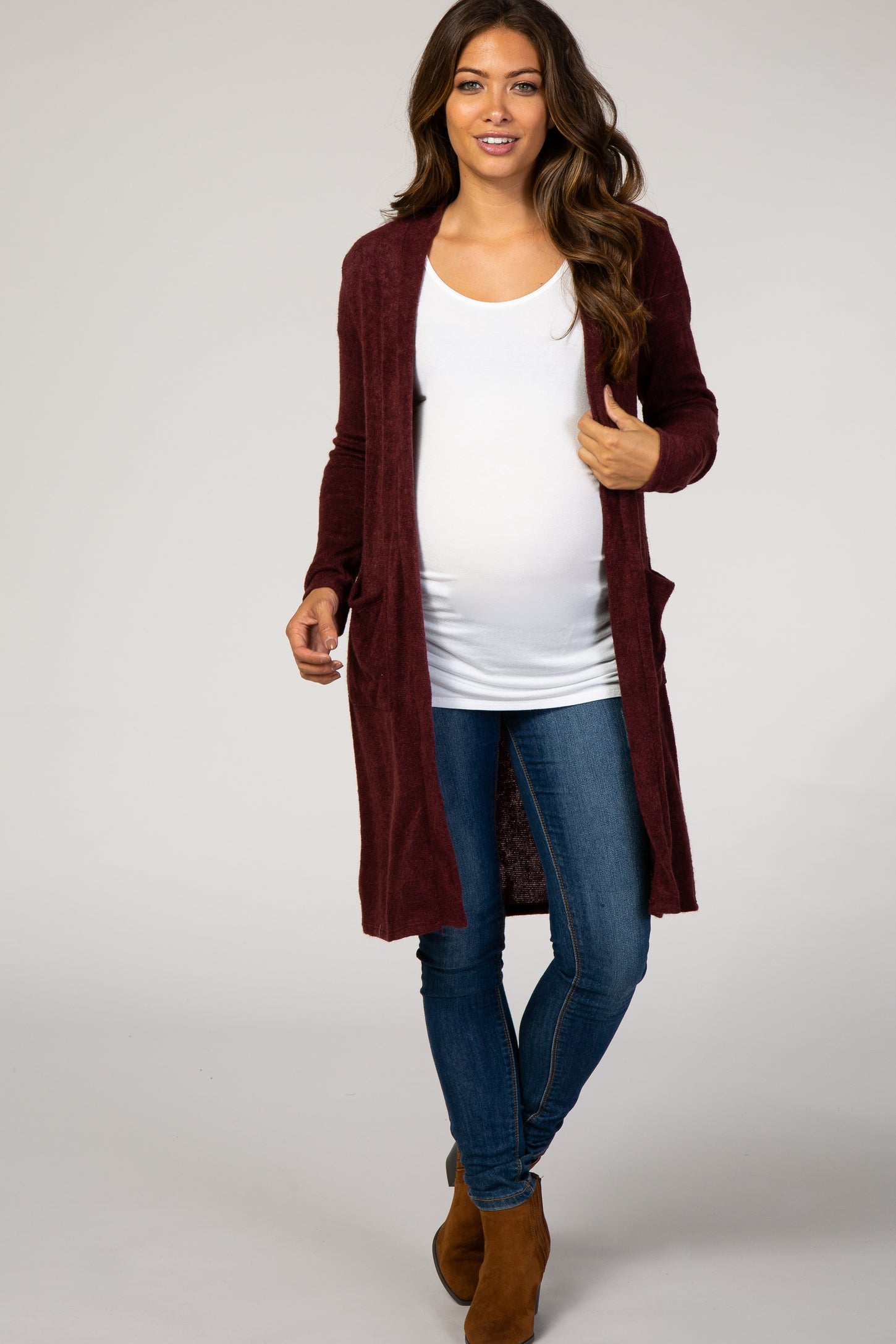PinkBlush Burgundy Solid Knit Elbow Patch Maternity Cardigan